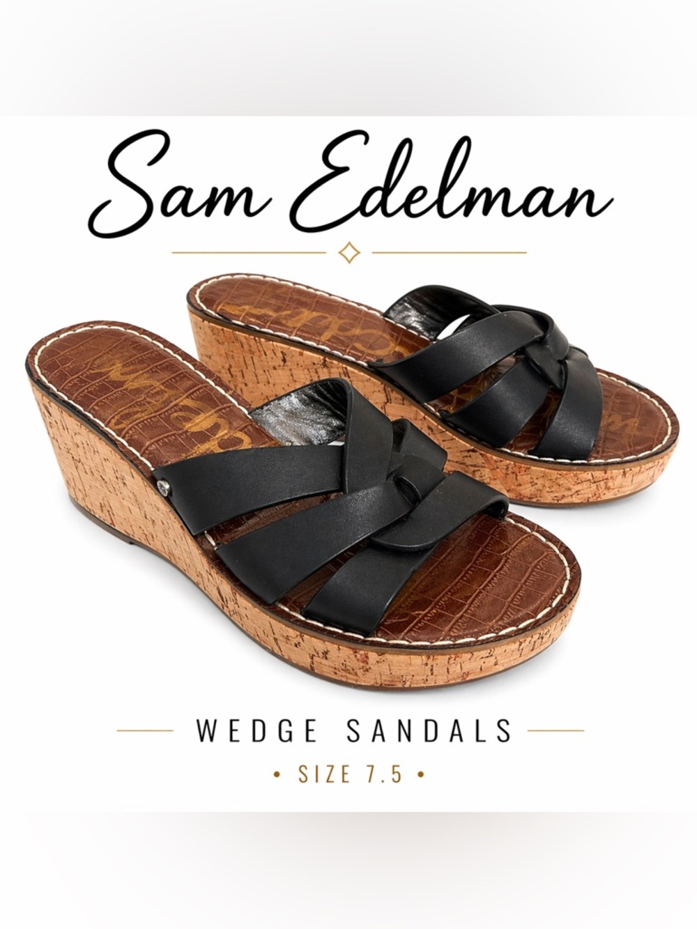 Sam Edelman Black Leather Cork Wedge Sandals